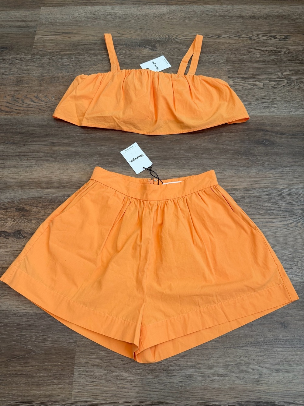 NWT Showpo Hannah Two Piece Set Frill Crop Top High Waist Shorts Orange 4 Small